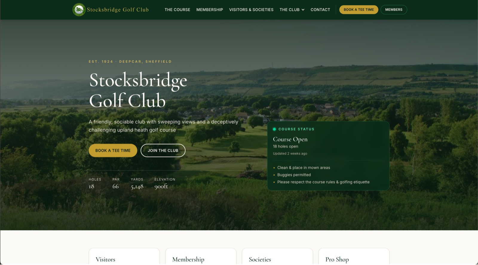 The Stocksbridge Golf Club website, showing the course and a tee time booking button